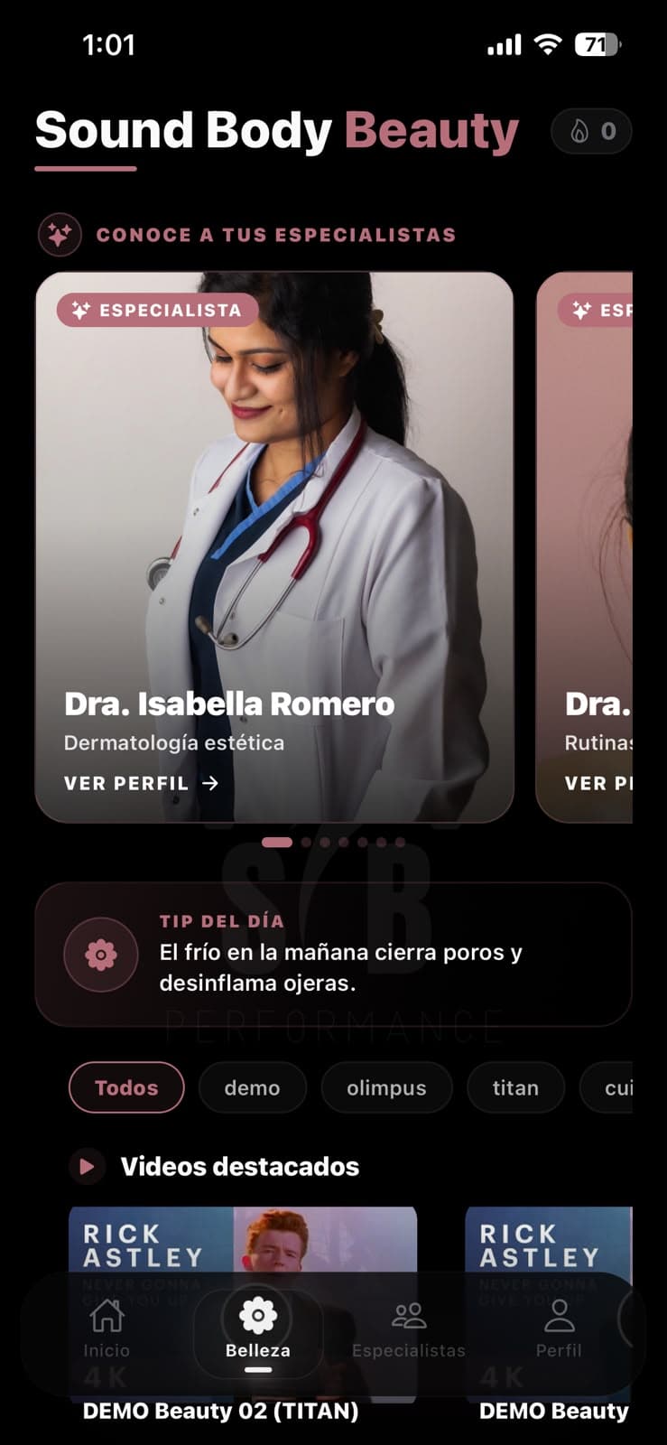 Pantalla de Beauty de la app Sound Body