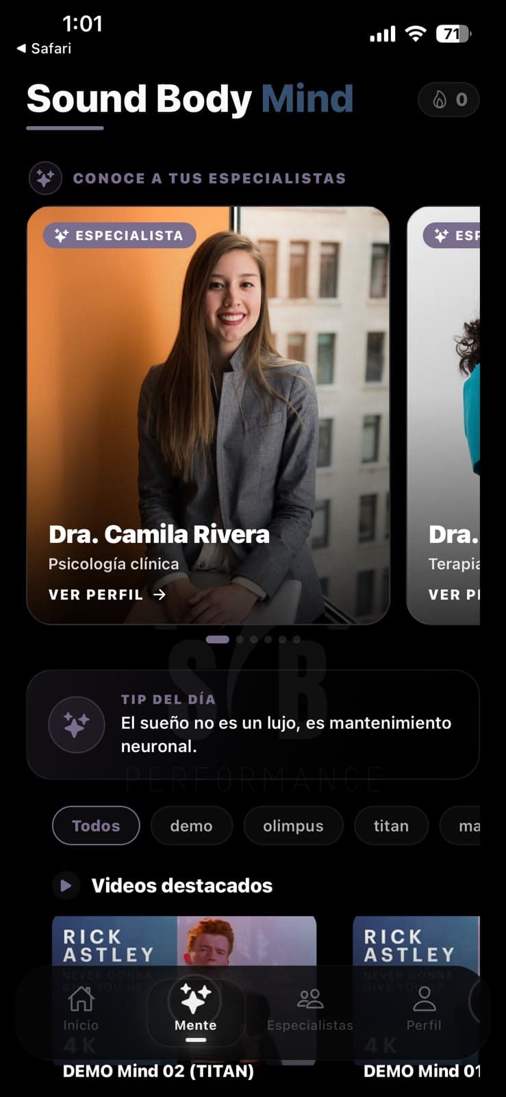Pantalla de Mind de la app Sound Body