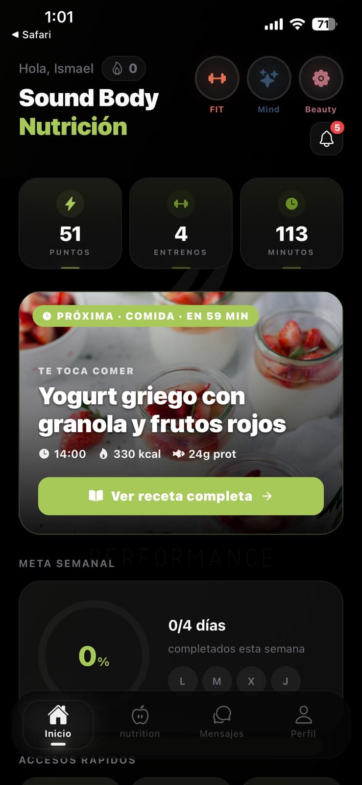 Pantalla de Nutrición de la app Sound Body